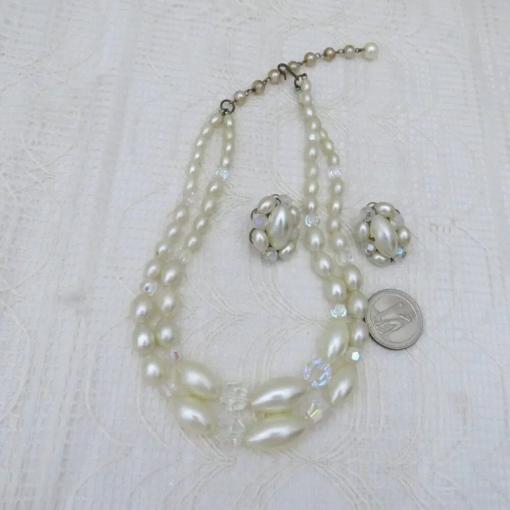 Vintage Necklace and Earring Set Women Faux Pearl and Crystal Glamorous Evening